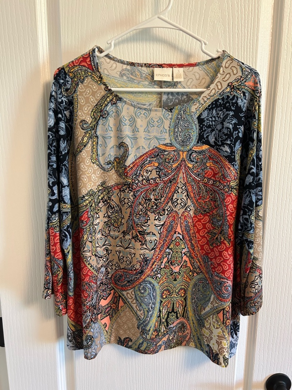 Chico's Multicolor Paisley Long Sleeve Tee - Navy, Red, Cream, Green